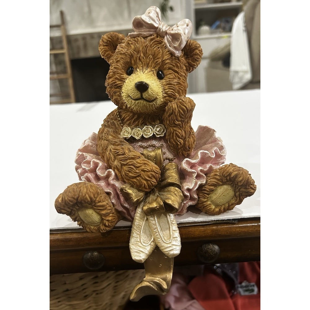 Vintage Teddy Bear Ballerina Resin Figurine W/ Hook Nursery Shelf Decor Dancer‎